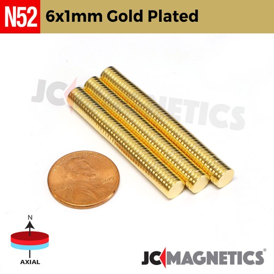 6mm X 1mm N52 Gold Plated neodymium thin magnets round discs 1/4in